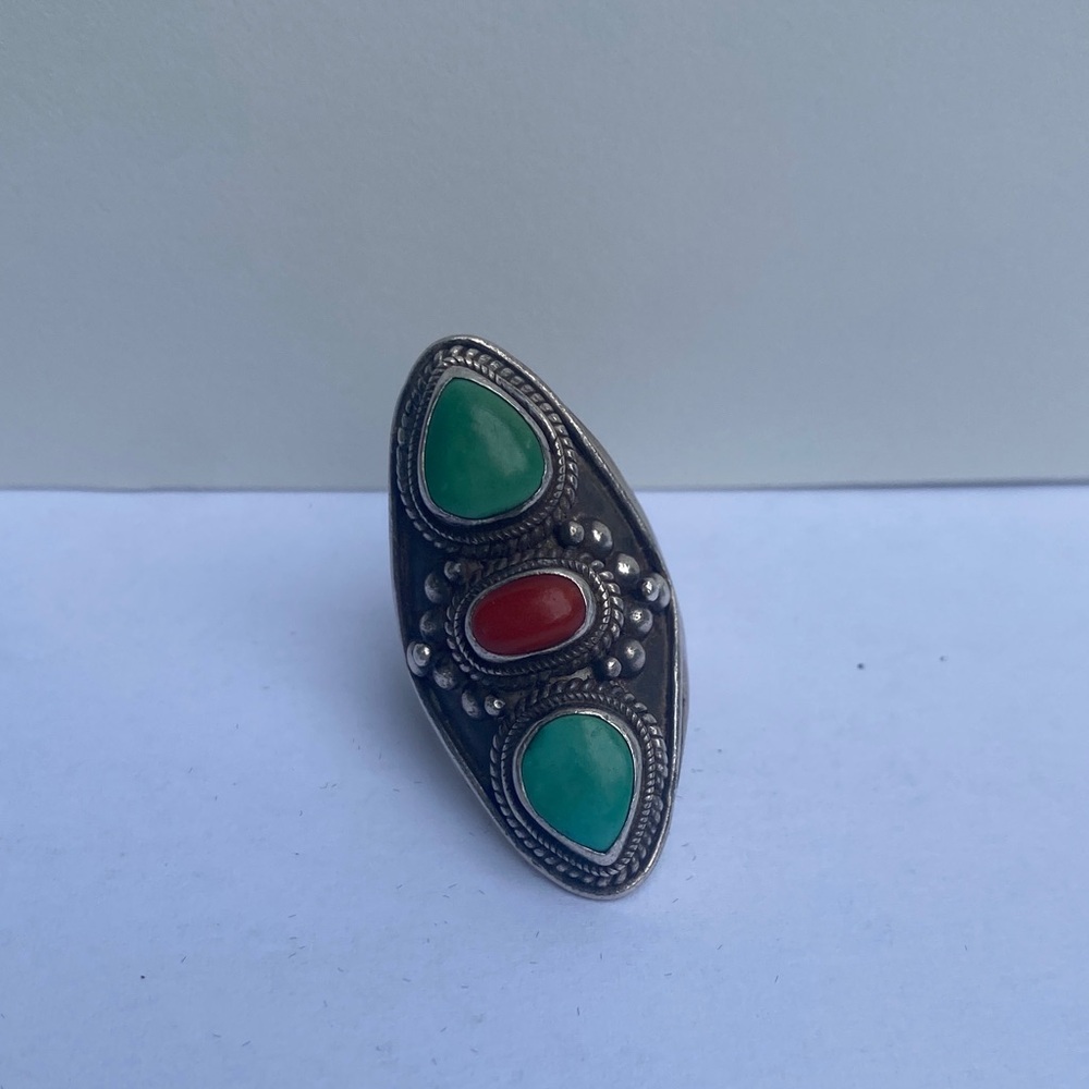 Cool Turquoise, Coral and Sterling Silver Ring.